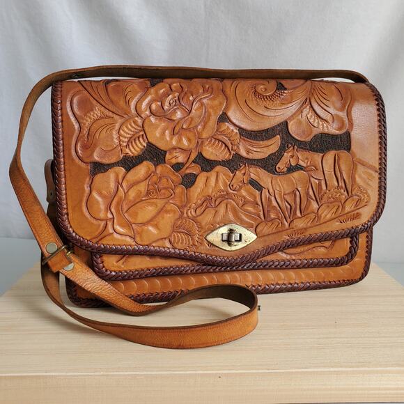 Vtg Mexican Hand Tooled Leather Bag Horses Roses Retro Boho Hippie Artsy Artisan - Picture 3 of 13